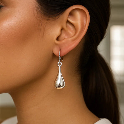 Sterling Silver Long Teardrop Shape Puff Drop Earrings - jazzyjewelryjones