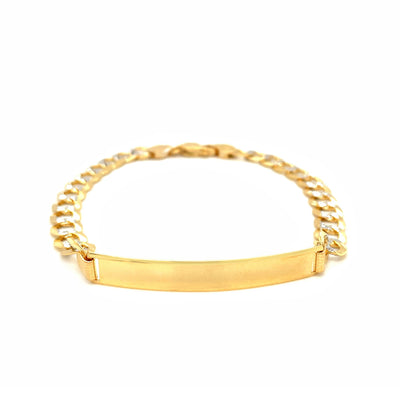 14k Two Tone Gold Mens Narrow Curb Chain ID Bracelet with White Pave (6.70 mm) - jazzyjewelryjones