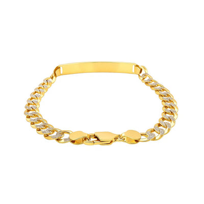 14k Two Tone Gold Mens Narrow Curb Chain ID Bracelet with White Pave (6.70 mm) - jazzyjewelryjones