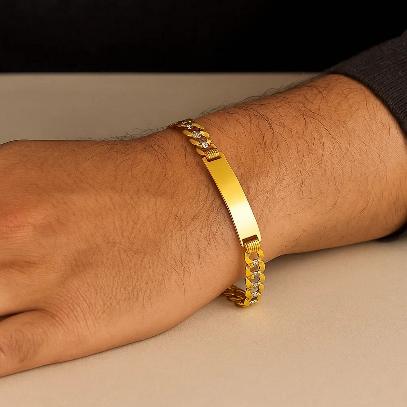 14k Two Tone Gold Mens Narrow Curb Chain ID Bracelet with White Pave (6.70 mm) - jazzyjewelryjones