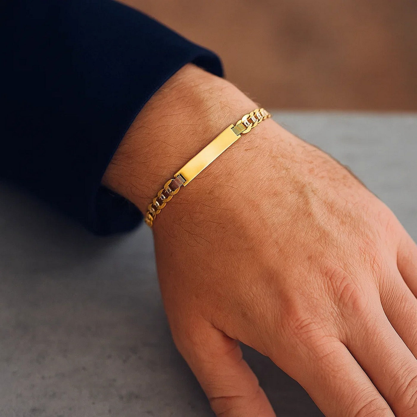 14k Two Tone Gold Mens Narrow Curb Chain ID Bracelet with White Pave (6.70 mm) - jazzyjewelryjones