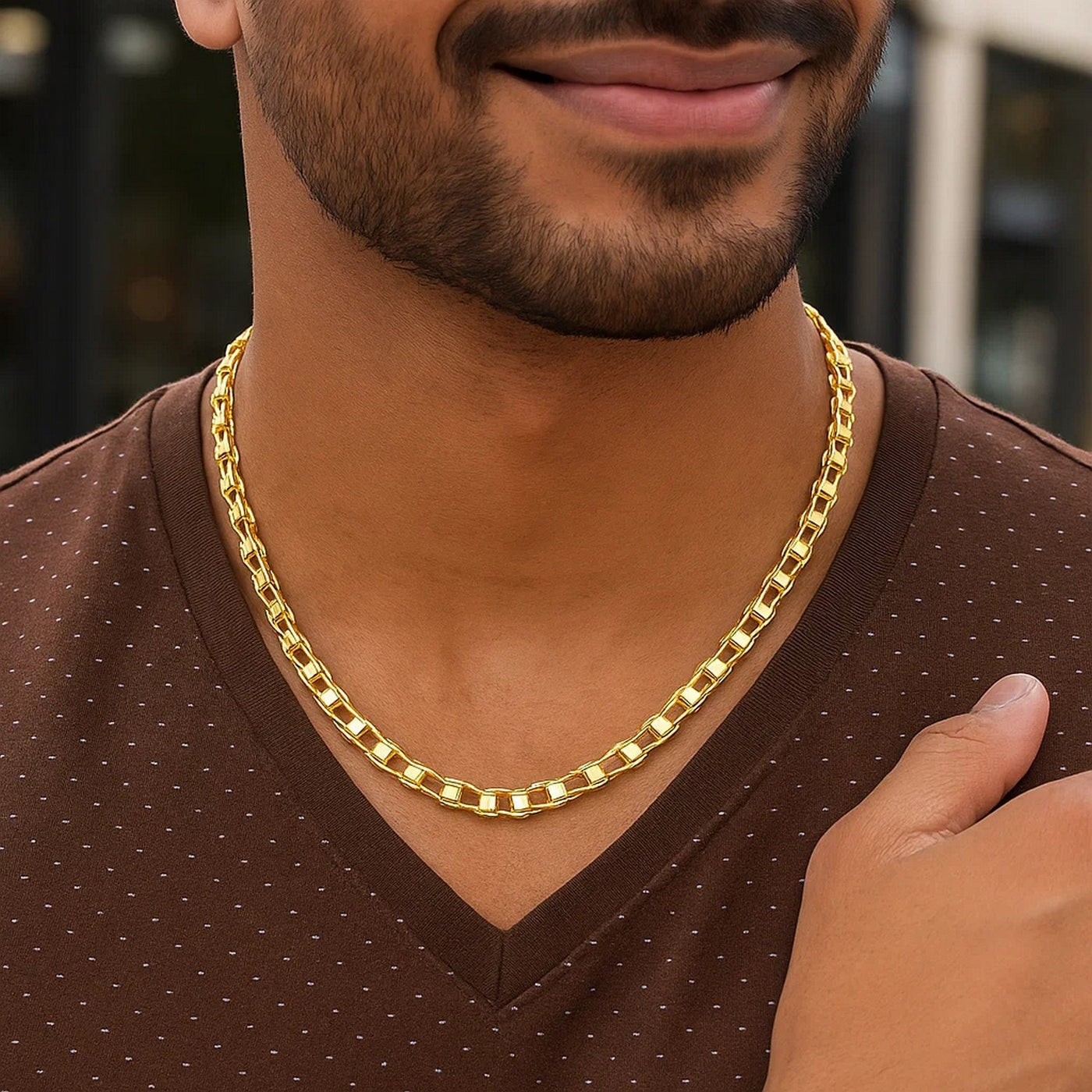 14k Yellow Gold Mens Necklace with Track Design Links (5.00 mm) - jazzyjewelryjones