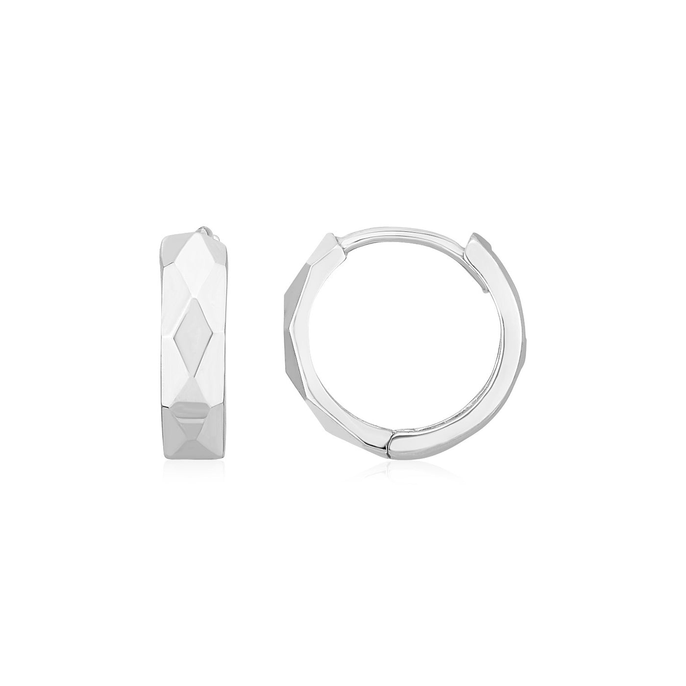 14K White Gold Diamond Motif Faceted Huggie Earrings(12.9mm) - jazzyjewelryjones