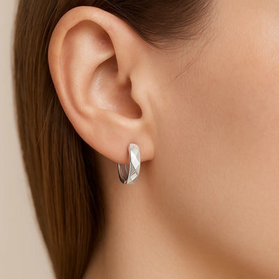 14K White Gold Diamond Motif Faceted Huggie Earrings(12.9mm) - jazzyjewelryjones