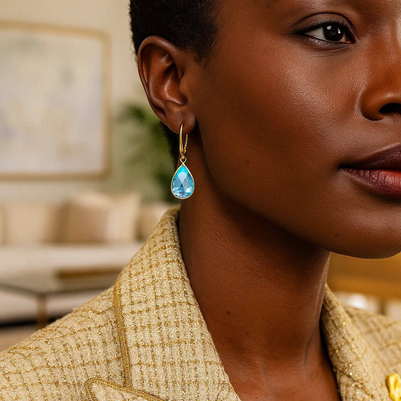 Drop Earrings with Pear - Shaped Blue Topaz Briolettes in 14k Yellow Gold - jazzyjewelryjones
