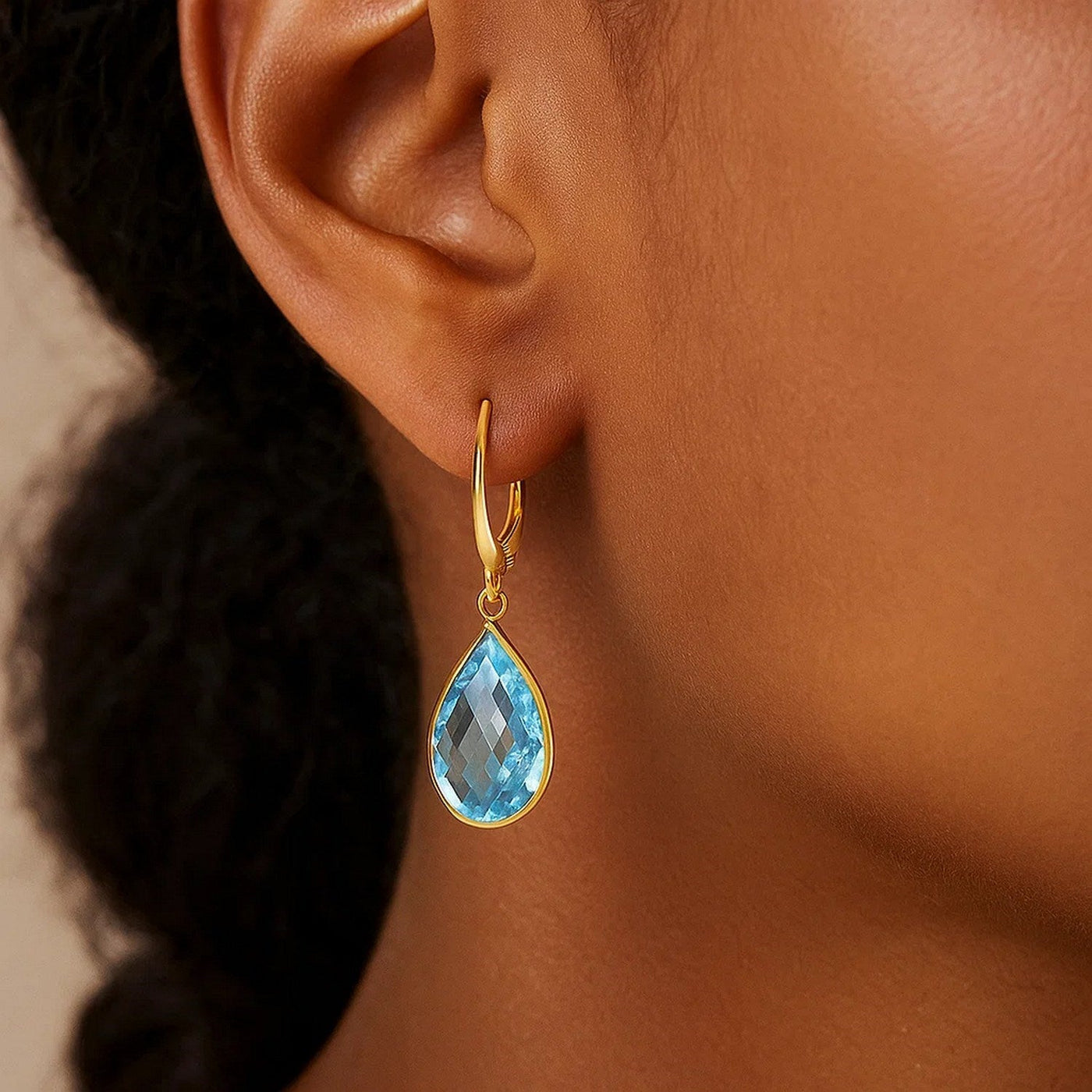 Drop Earrings with Pear - Shaped Blue Topaz Briolettes in 14k Yellow Gold - jazzyjewelryjones