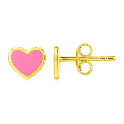 14k Yellow Gold and Enamel Pink Heart Stud Earrings - jazzyjewelryjones