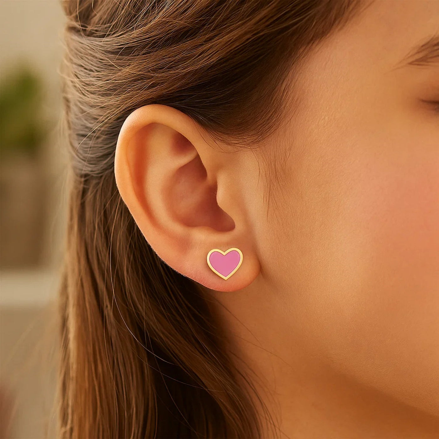 14k Yellow Gold and Enamel Pink Heart Stud Earrings - jazzyjewelryjones