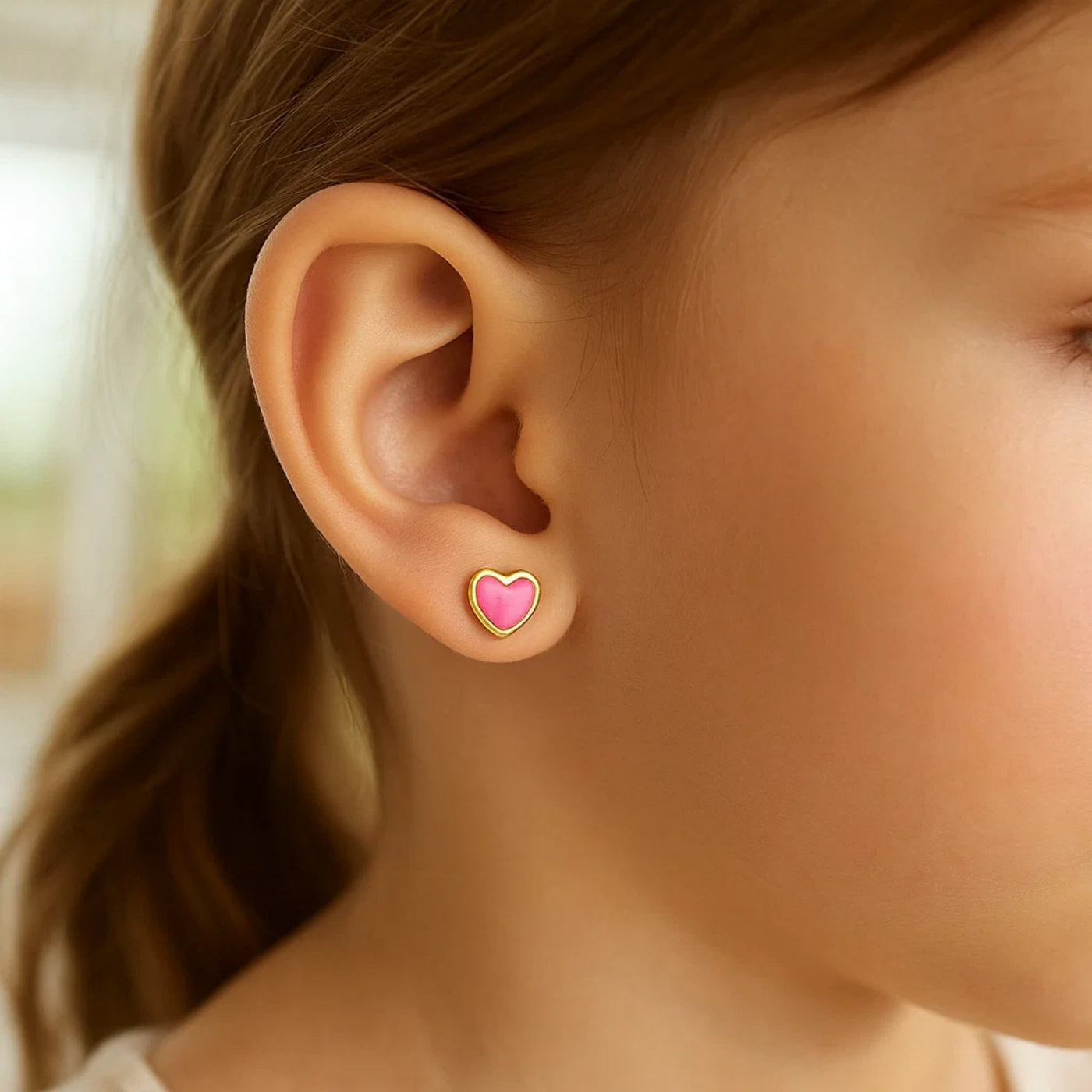 14k Yellow Gold and Enamel Pink Heart Stud Earrings - jazzyjewelryjones