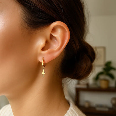 14K Yellow Gold Lighting Bolt Drop Hoop Earrings - jazzyjewelryjones