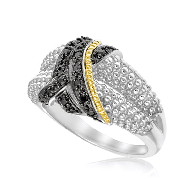 18k Yellow Gold & Sterling Silver Entwined Popcorn Ring with Black Diamonds - jazzyjewelryjones