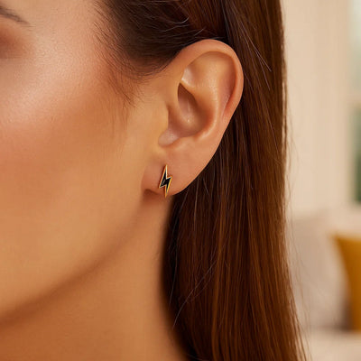 14k Yellow Gold and Enamel Black Lightning Bolt Stud Earrings - jazzyjewelryjones