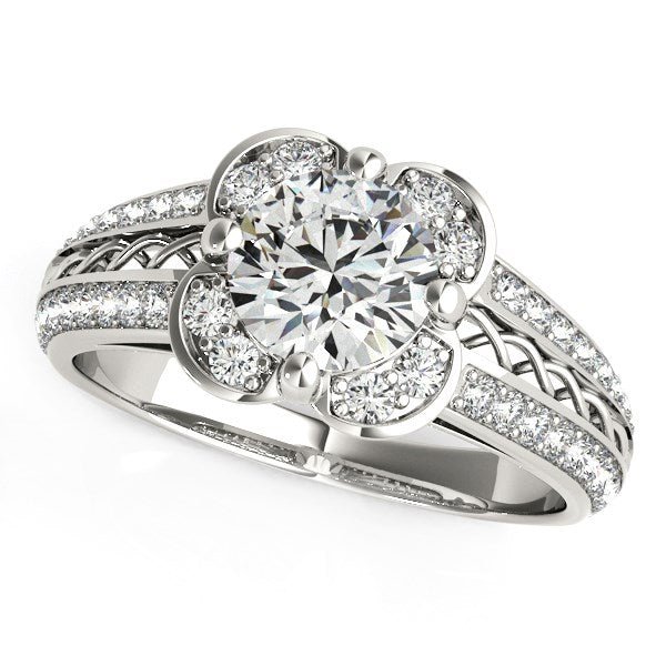 Round Diamond Floral Motif Engagement Ring in 14k White Gold (1 3/8 cttw) - jazzyjewelryjones