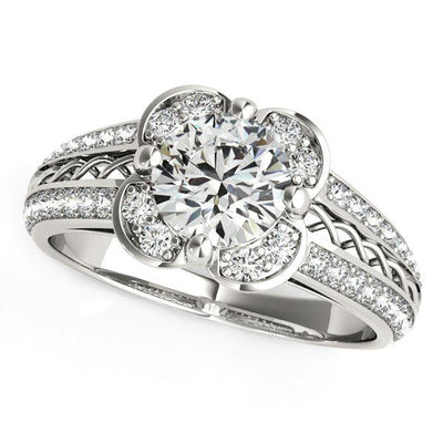 Round Diamond Floral Motif Engagement Ring in 14k White Gold (1 3/8 cttw) - jazzyjewelryjones