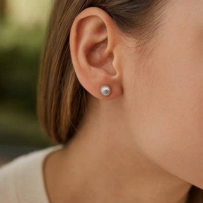 14K White Gold Ball Earrings with Linear Texture(5mm) - jazzyjewelryjones