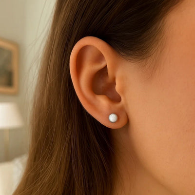 14K White Gold Ball Earrings with Linear Texture(5mm) - jazzyjewelryjones