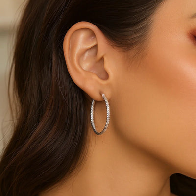 14k White Gold Tube Textured Round Hoop Earrings(1.5x25mm) - jazzyjewelryjones