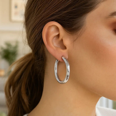 Sterling Silver Thick Rhodium Plated Polished Hoop Style Earrings (4x35mm) - jazzyjewelryjones