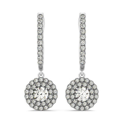 14k White Gold Double Halo Round Diamond Drop Earrings (1 cttw) - jazzyjewelryjones
