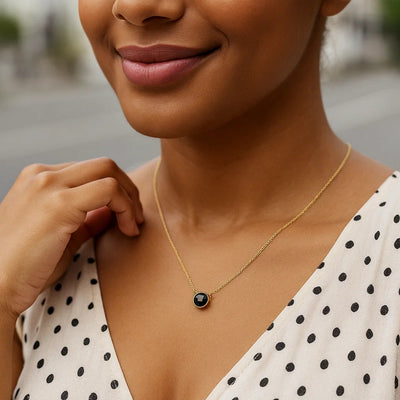 14k Yellow Gold 17 inch Necklace with Round Onyx - jazzyjewelryjones