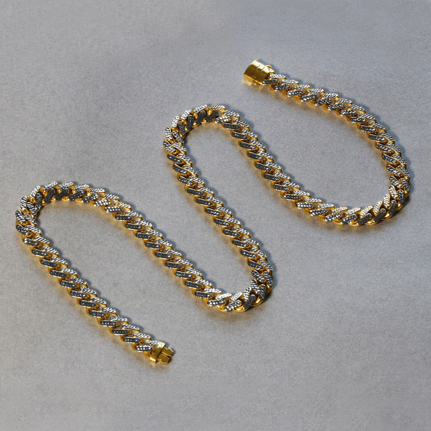 14k Two Tone Gold Miami Cuban Chain Necklace with White Pave - jazzyjewelryjones