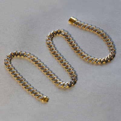 14k Two Tone Gold Miami Cuban Chain Necklace with White Pave - jazzyjewelryjones