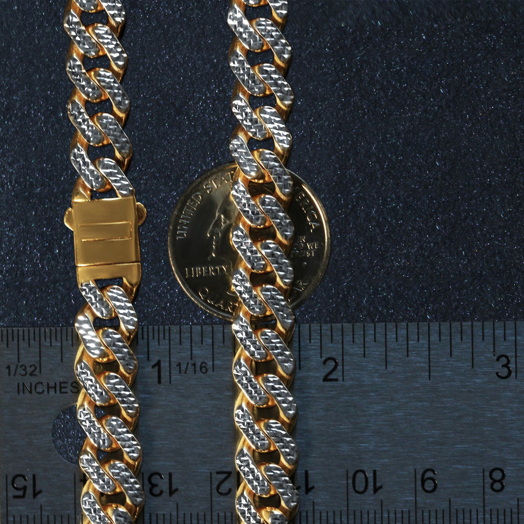 14k Two Tone Gold Miami Cuban Chain Necklace with White Pave