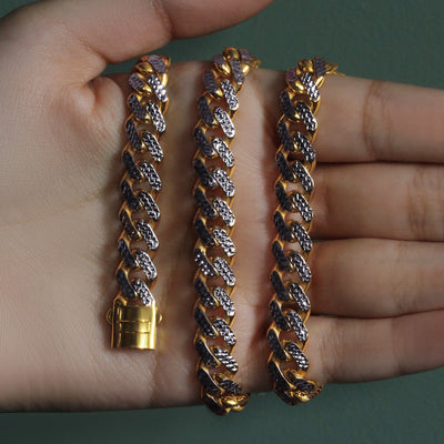14k Two Tone Gold Miami Cuban Chain Necklace with White Pave - jazzyjewelryjones