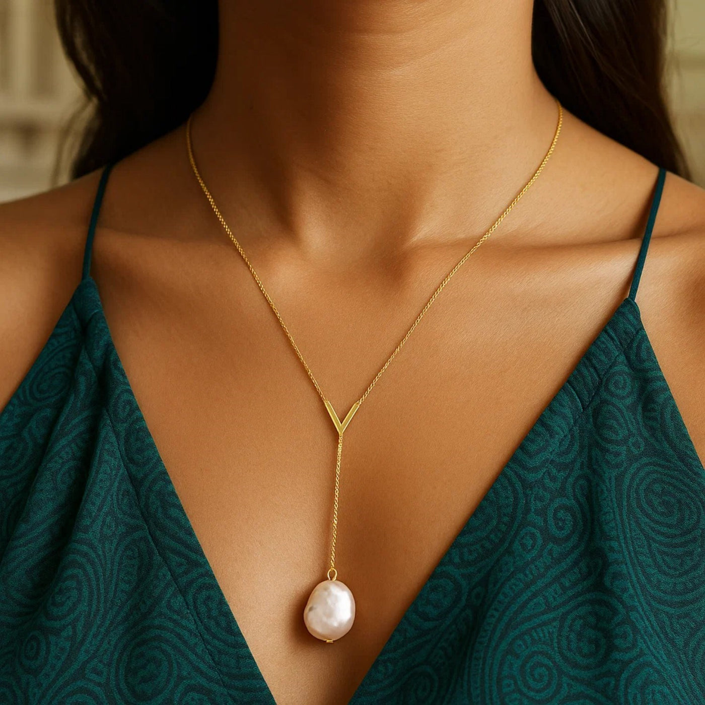14k Yellow Gold Tesoro Pearl Lariat Necklace - jazzyjewelryjones