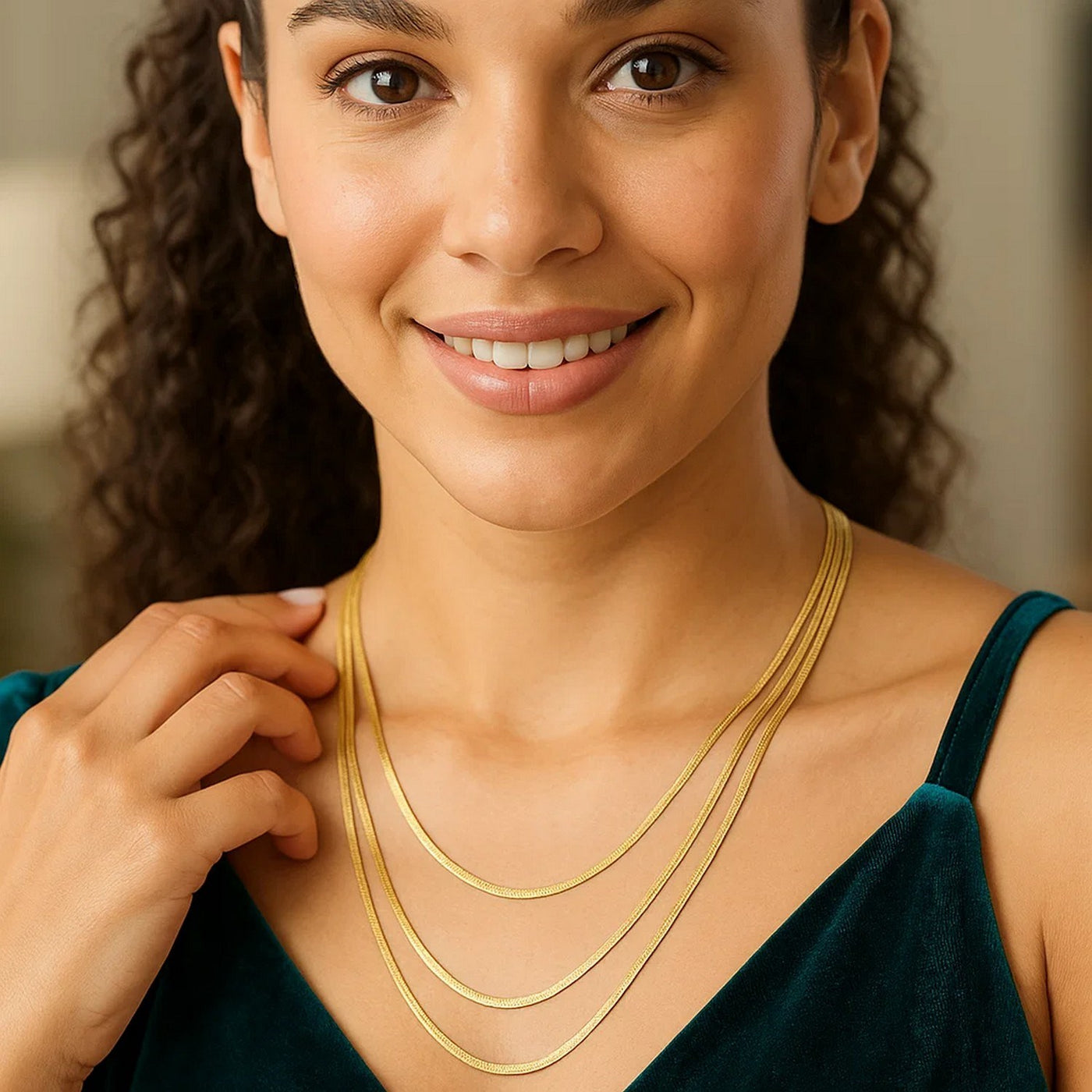 14k Yellow Gold Three Strand Herringbone Chain Necklace - jazzyjewelryjones