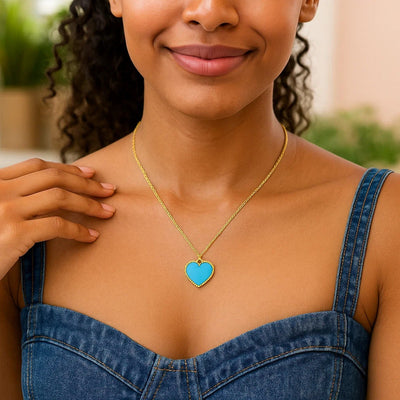 14k Yellow Gold High Polish Heart Turquoise Paste Necklace - jazzyjewelryjones