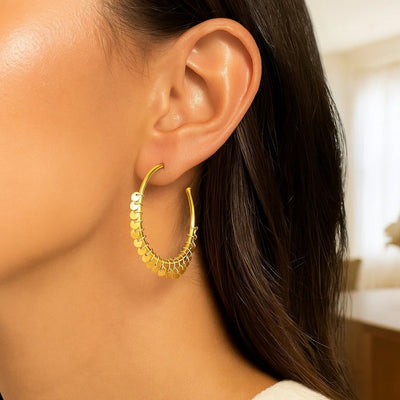 14k Yellow Gold Hoop Style Earrings with Dangling Sequins(1.5x30mm) - jazzyjewelryjones