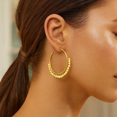 14k Yellow Gold Hoop Style Earrings with Dangling Sequins(1.5x30mm) - jazzyjewelryjones