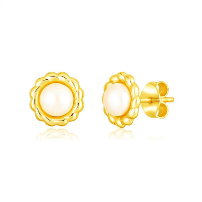 14k Yellow Gold Flower Stud Earrings with Pearls - jazzyjewelryjones