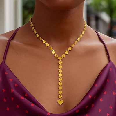 14k Yellow Gold Mirrored Heart Chain Lariat Necklace - jazzyjewelryjones