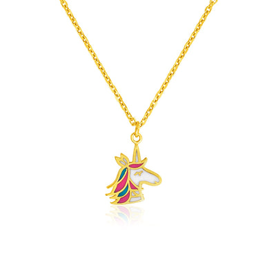 14k Yellow Gold Childrens Necklace with Enameled Unicorn Pendant - jazzyjewelryjones