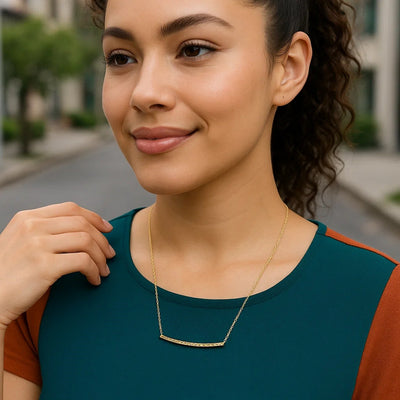14k Yellow Gold Thin Textured Bar Necklace - jazzyjewelryjones