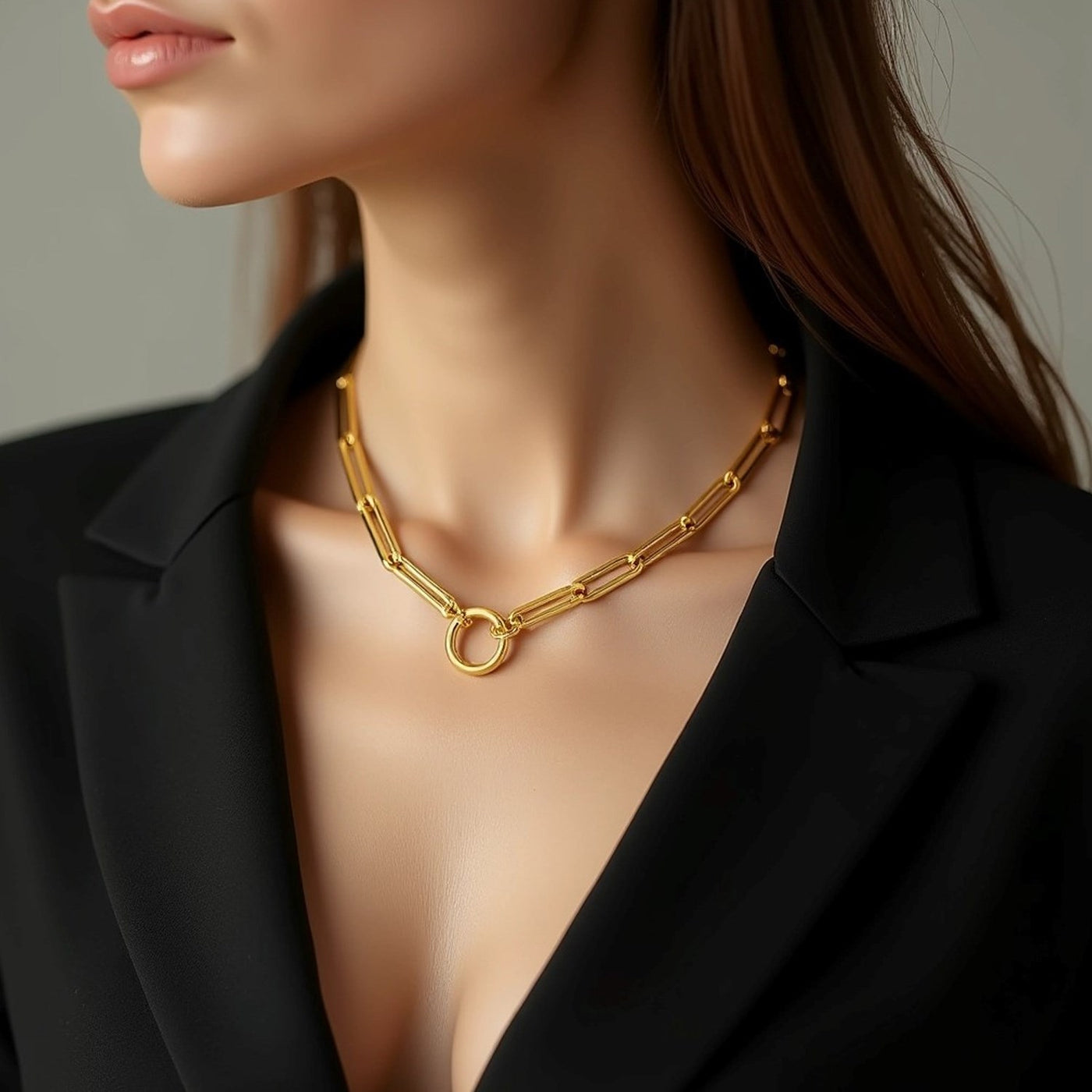 14k Yellow Gold High Polish Elongated Paperclip Chain Circle Necklace - jazzyjewelryjones
