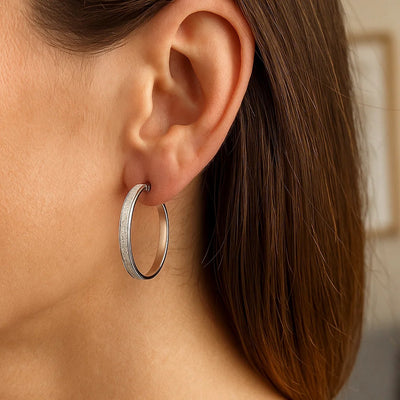 14k White Tone Gold Hoop Style Earrings with Center Glitter Look Design(4x30mm) - jazzyjewelryjones