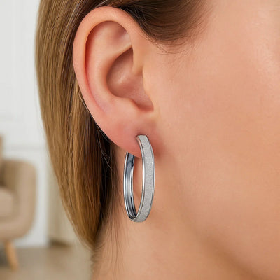 14k White Tone Gold Hoop Style Earrings with Center Glitter Look Design(4x30mm) - jazzyjewelryjones