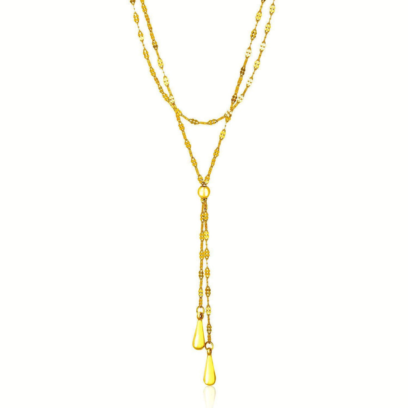 14k Yellow Gold Double Strand Chain with Puffed Heart Lariat Necklace - jazzyjewelryjones