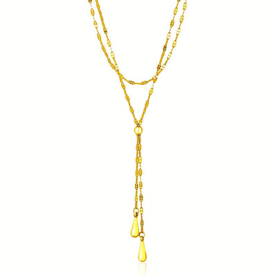 14k Yellow Gold Double Strand Chain with Puffed Heart Lariat Necklace - jazzyjewelryjones