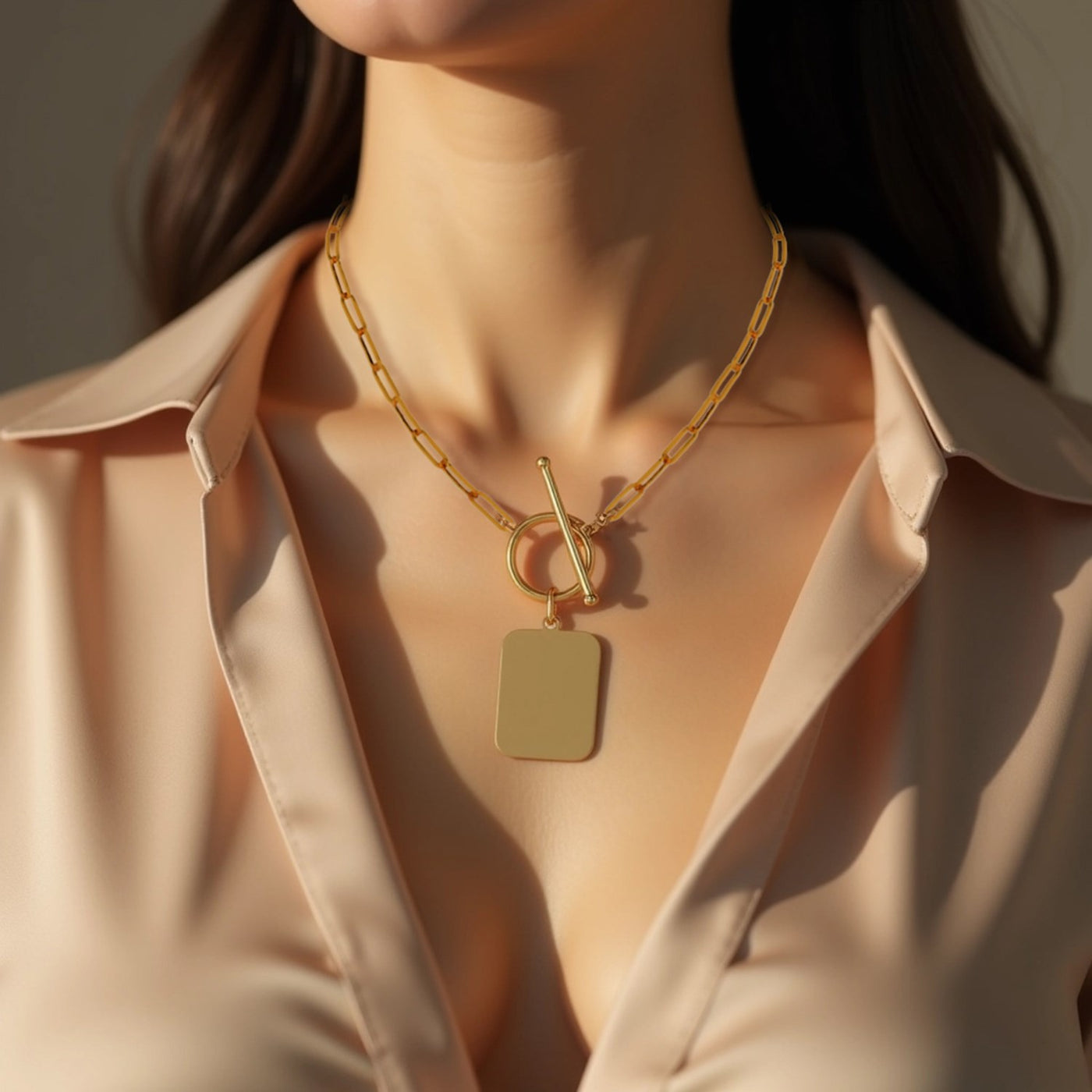 14k Yellow Gold Paperclip Chain Necklace with Rounded Rectangle Pendant - jazzyjewelryjones