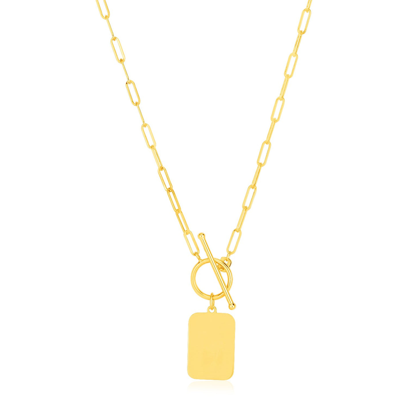 14k Yellow Gold Paperclip Chain Necklace with Rounded Rectangle Pendant - jazzyjewelryjones