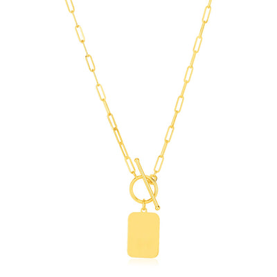 14k Yellow Gold Paperclip Chain Necklace with Rounded Rectangle Pendant - jazzyjewelryjones