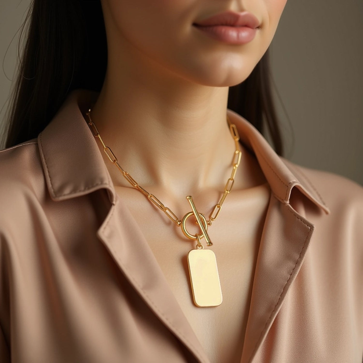 14k Yellow Gold Paperclip Chain Necklace with Rounded Rectangle Pendant - jazzyjewelryjones