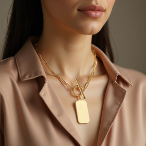 14k Yellow Gold Paperclip Chain Necklace with Rounded Rectangle Pendant - jazzyjewelryjones