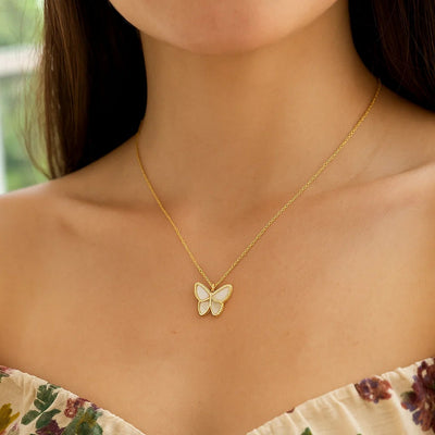 14k Yellow Gold High Polish Butterfly Peral Paste Necklace - jazzyjewelryjones
