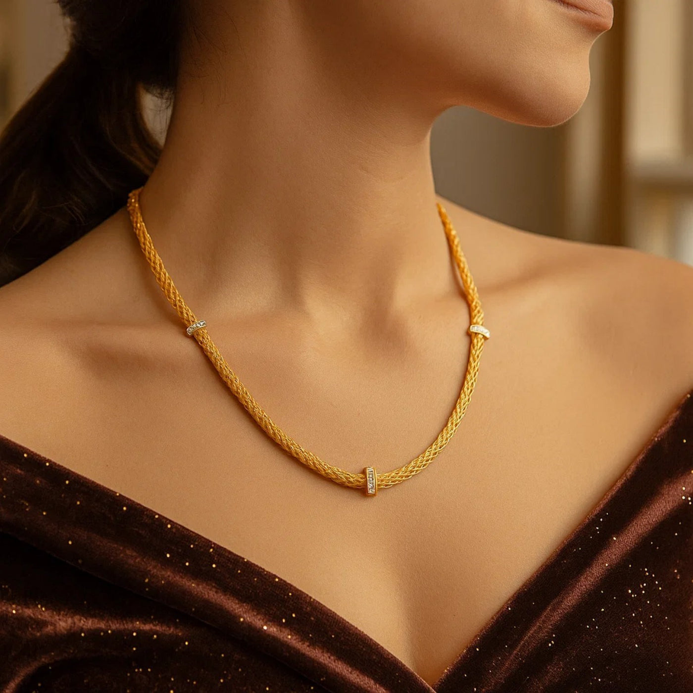 Woven Rope Necklace with Diamond Accents in 14k Yellow Gold - jazzyjewelryjones